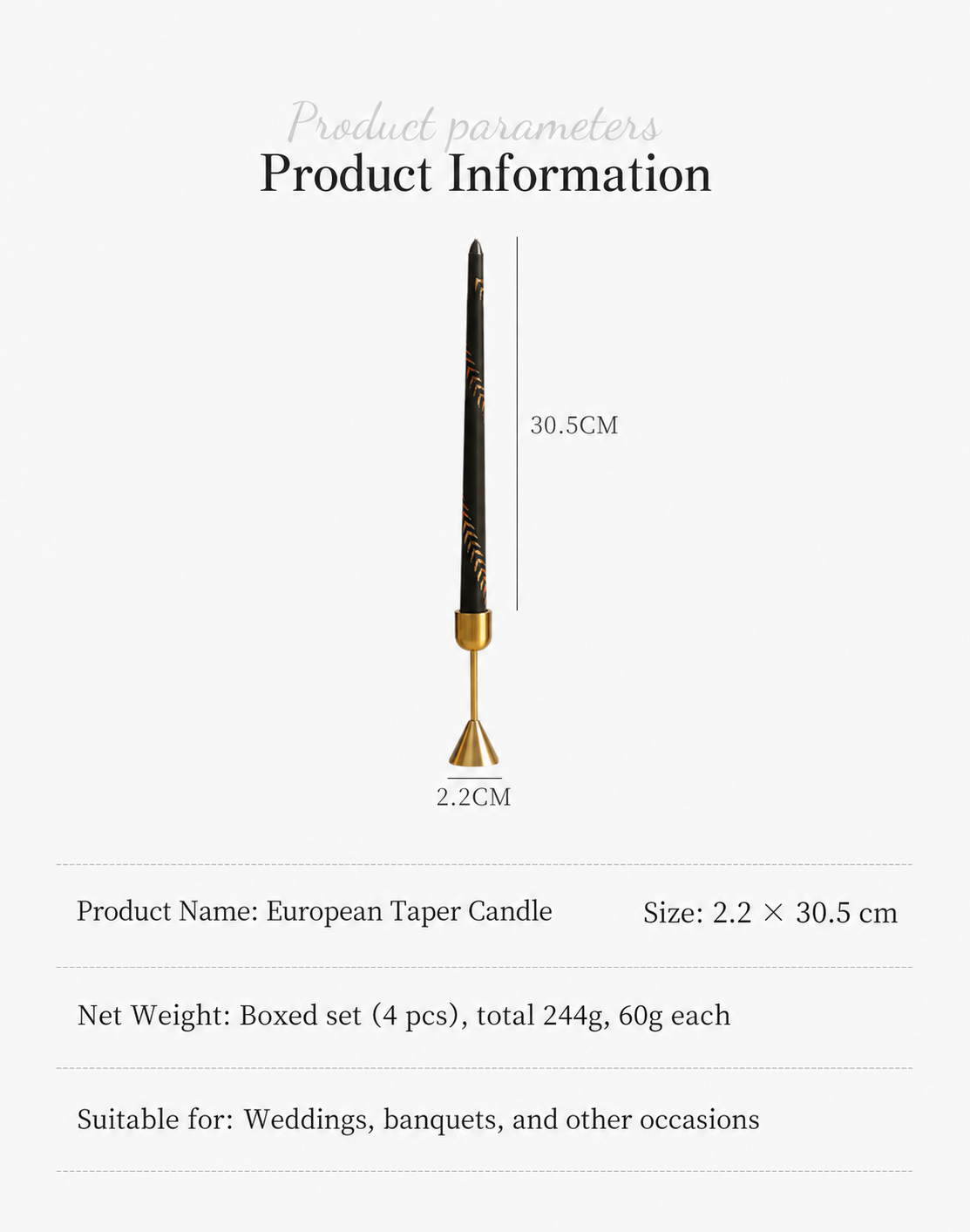 Black and gold taper candle product dimensions and packaging information