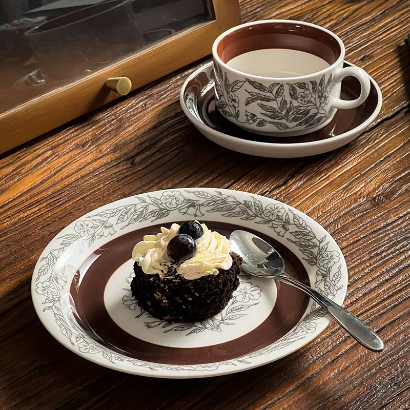 Brown floral ceramic cup, saucer and serving plate