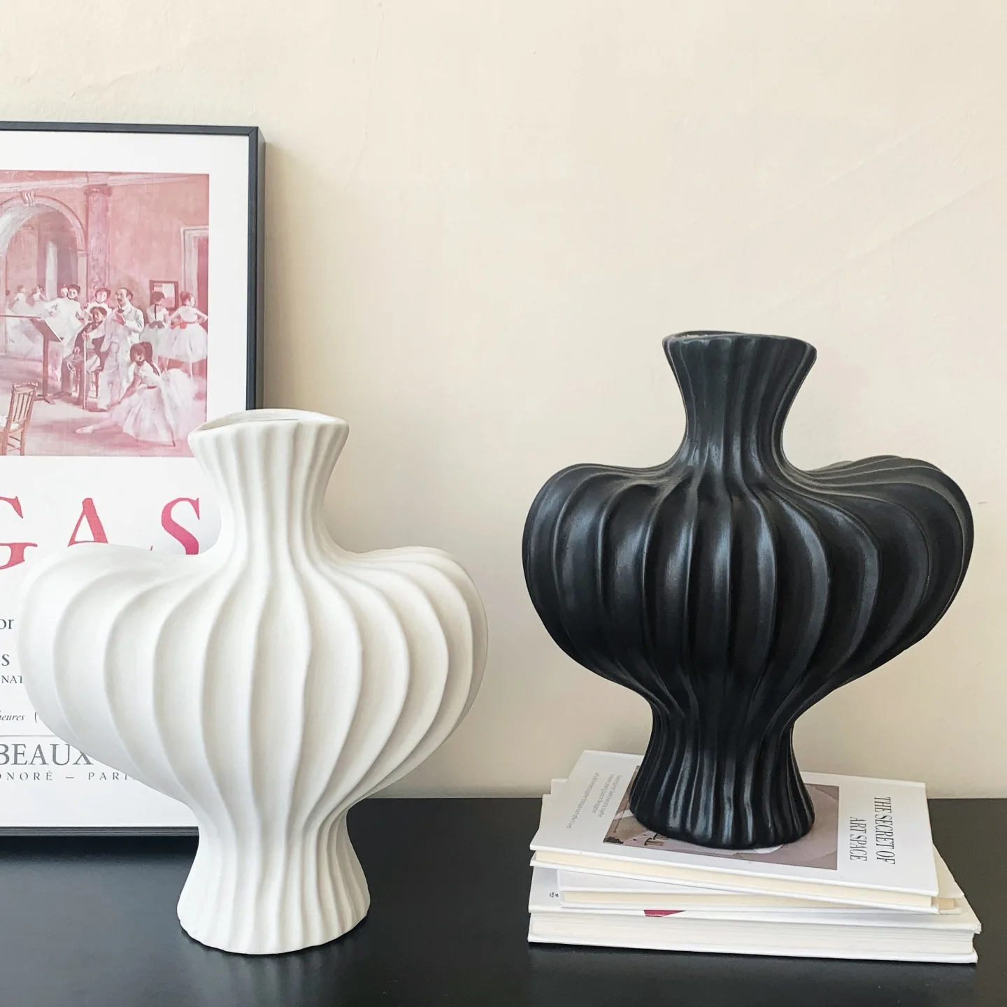 Large white and black ribbed ceramic vases