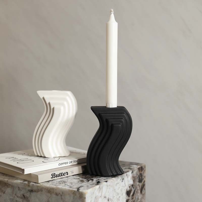 Black and white wave shaped porcelain candle holders