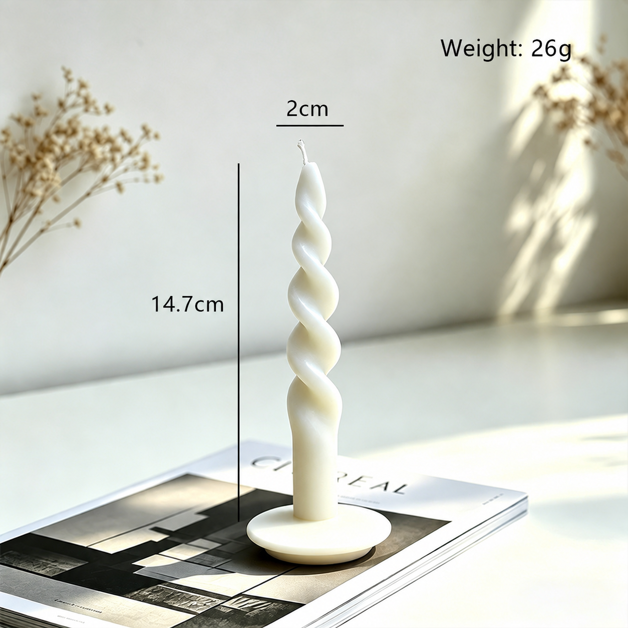 Spiral taper candle measuring 2 by 14.7 centimeters and weighing 26 grams