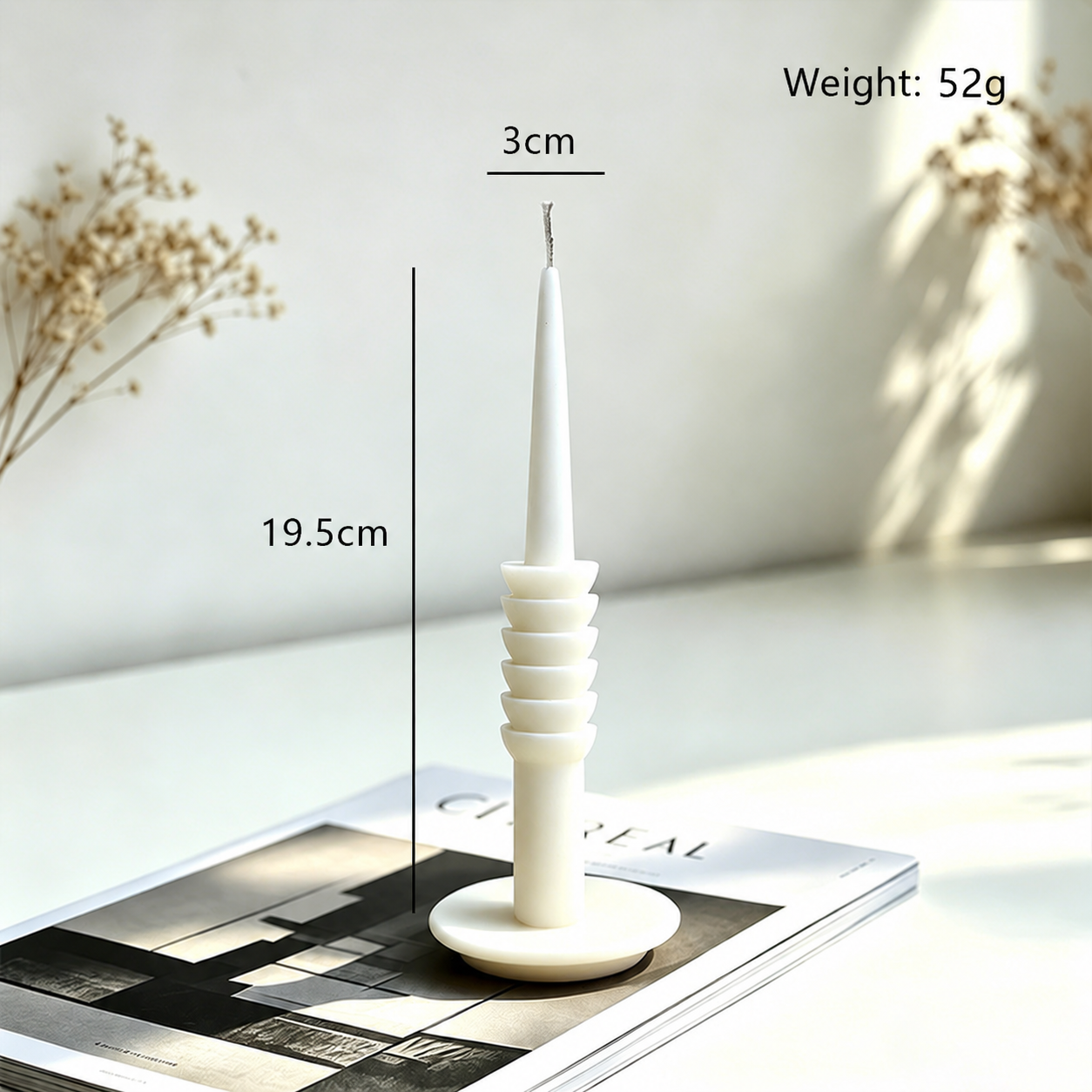 Stacked-ring taper candle measuring 3 by 19.5 centimeters and weighing 52 grams