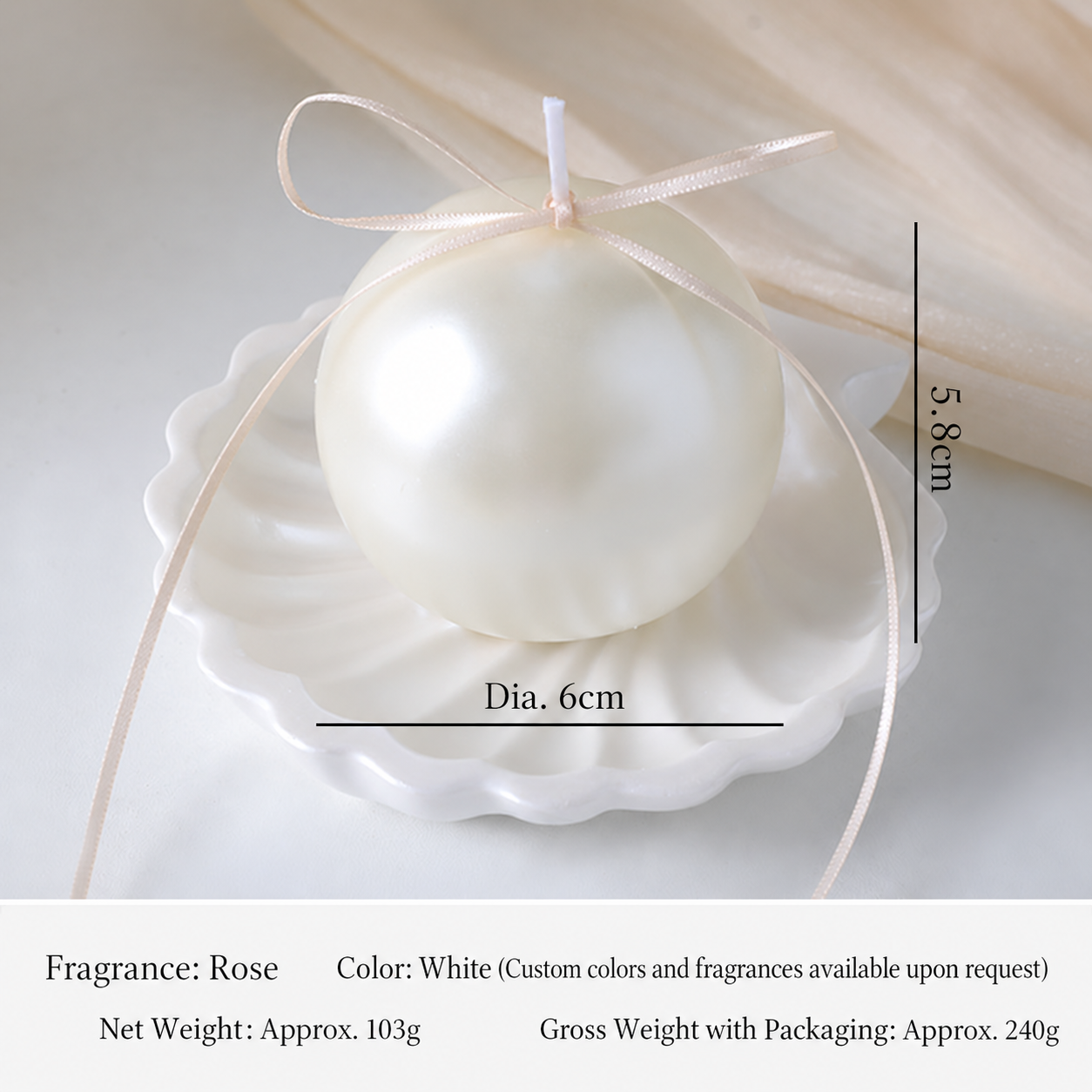 Six centimeter pearl white candle with shell tray