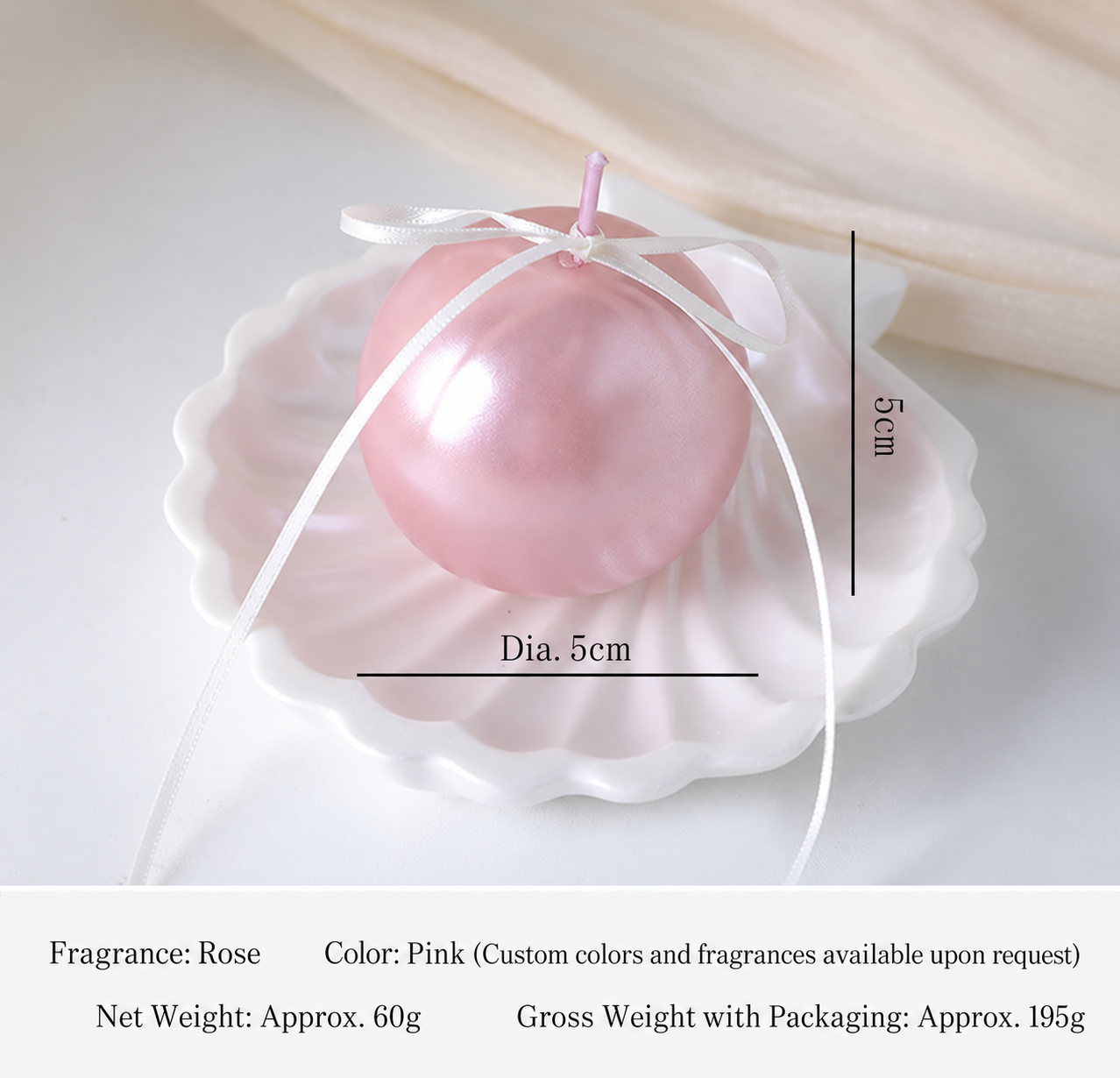Five centimeter pearl pink candle with shell tray