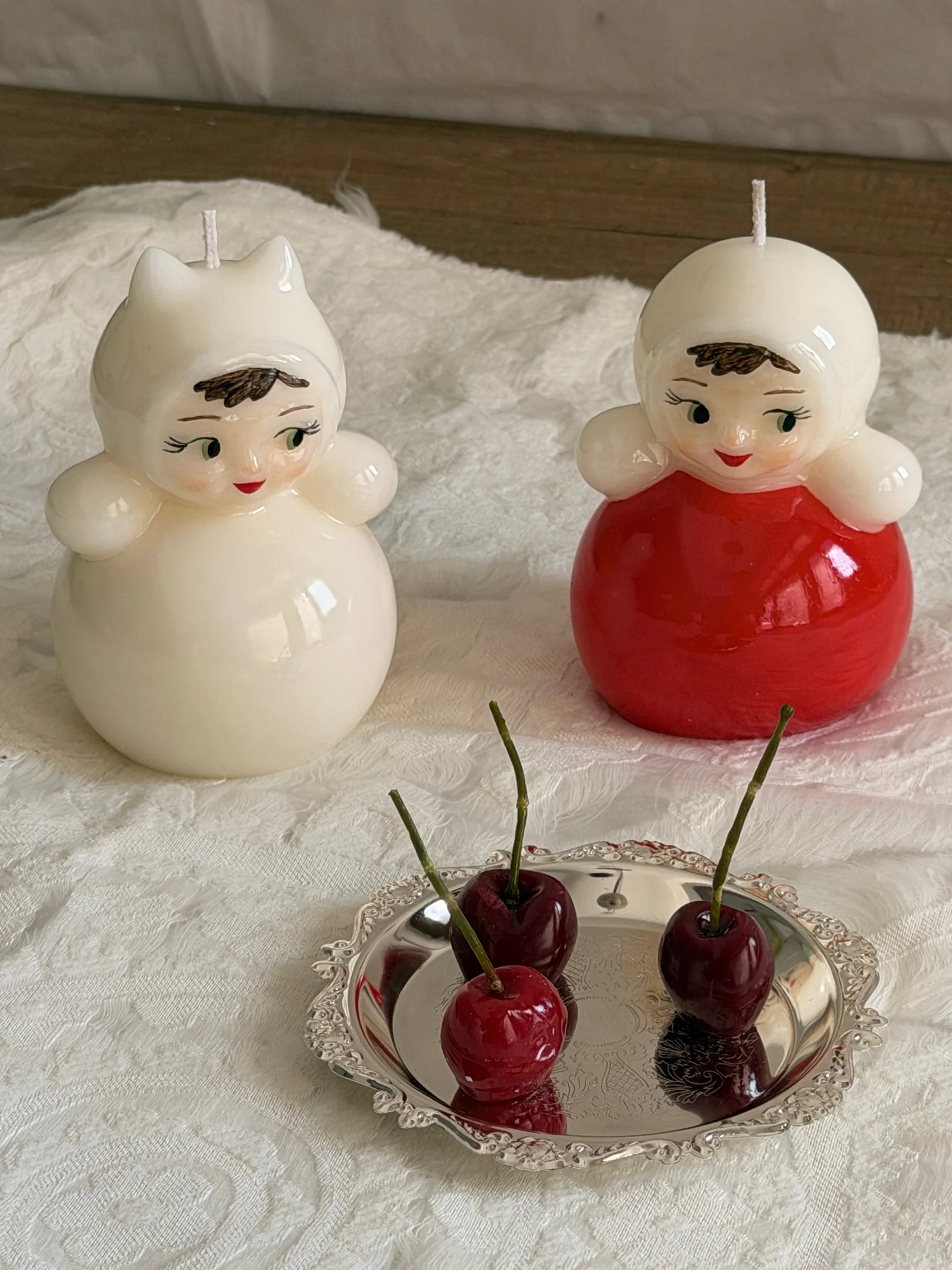 Russian vintage doll candles in ivory and red