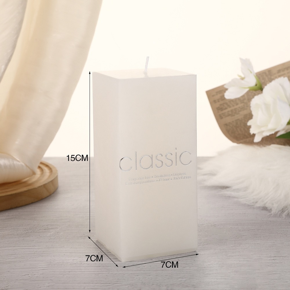 7 by 7 by 15 centimeter square candle dimensions