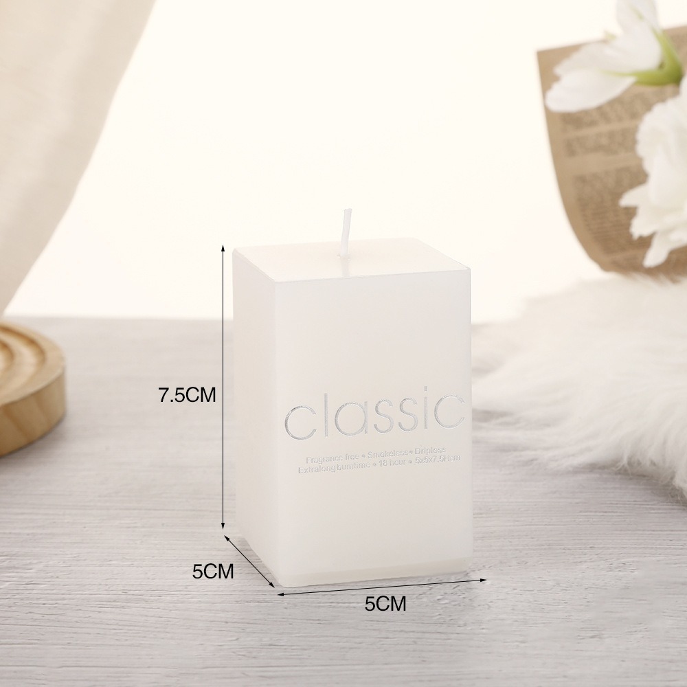 5 by 5 by 7.5 centimeter square candle dimensions