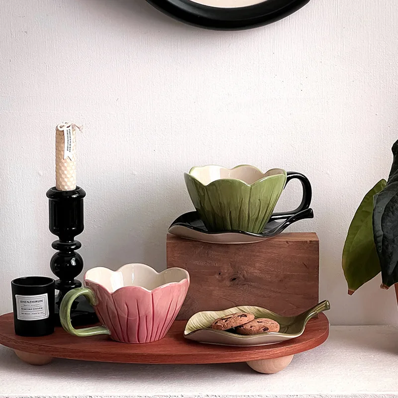 Pink and green tulip ceramic coffee sets with leaf saucers