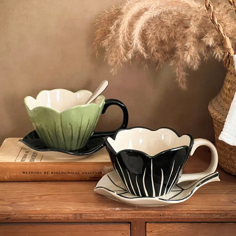 Green and black tulip flower ceramic coffee cup sets