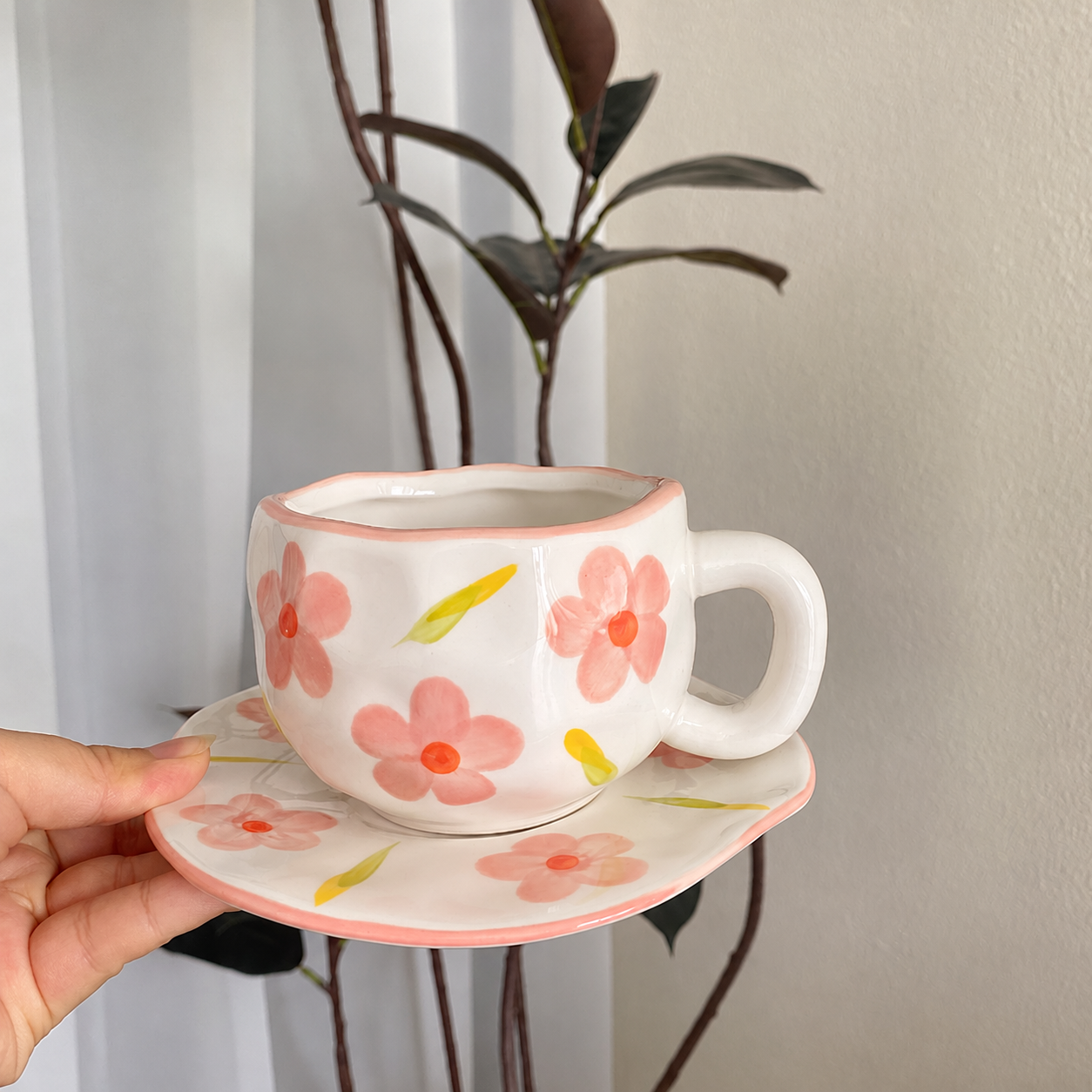 Pink flower ceramic cup and saucer set