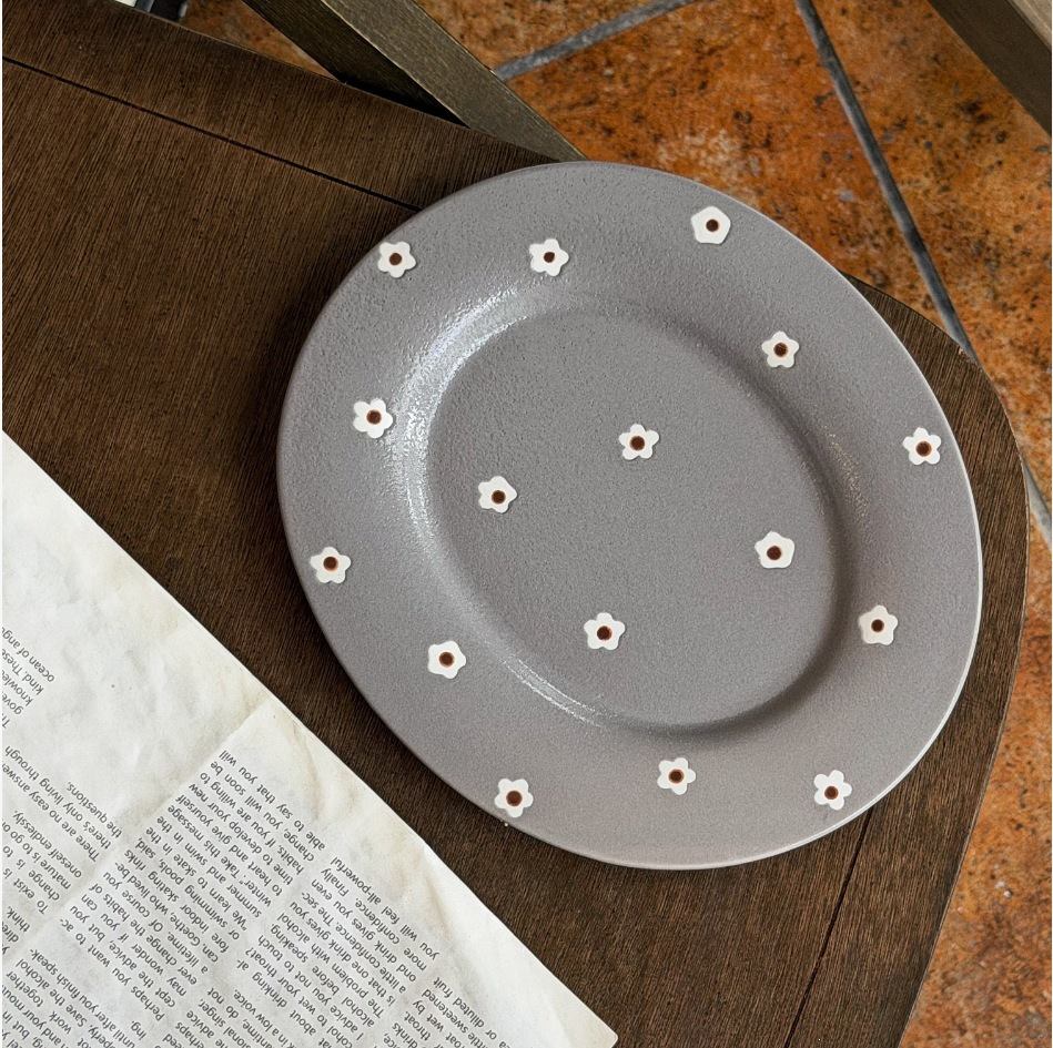 Gray oval matte ceramic plate with hand painted flowers