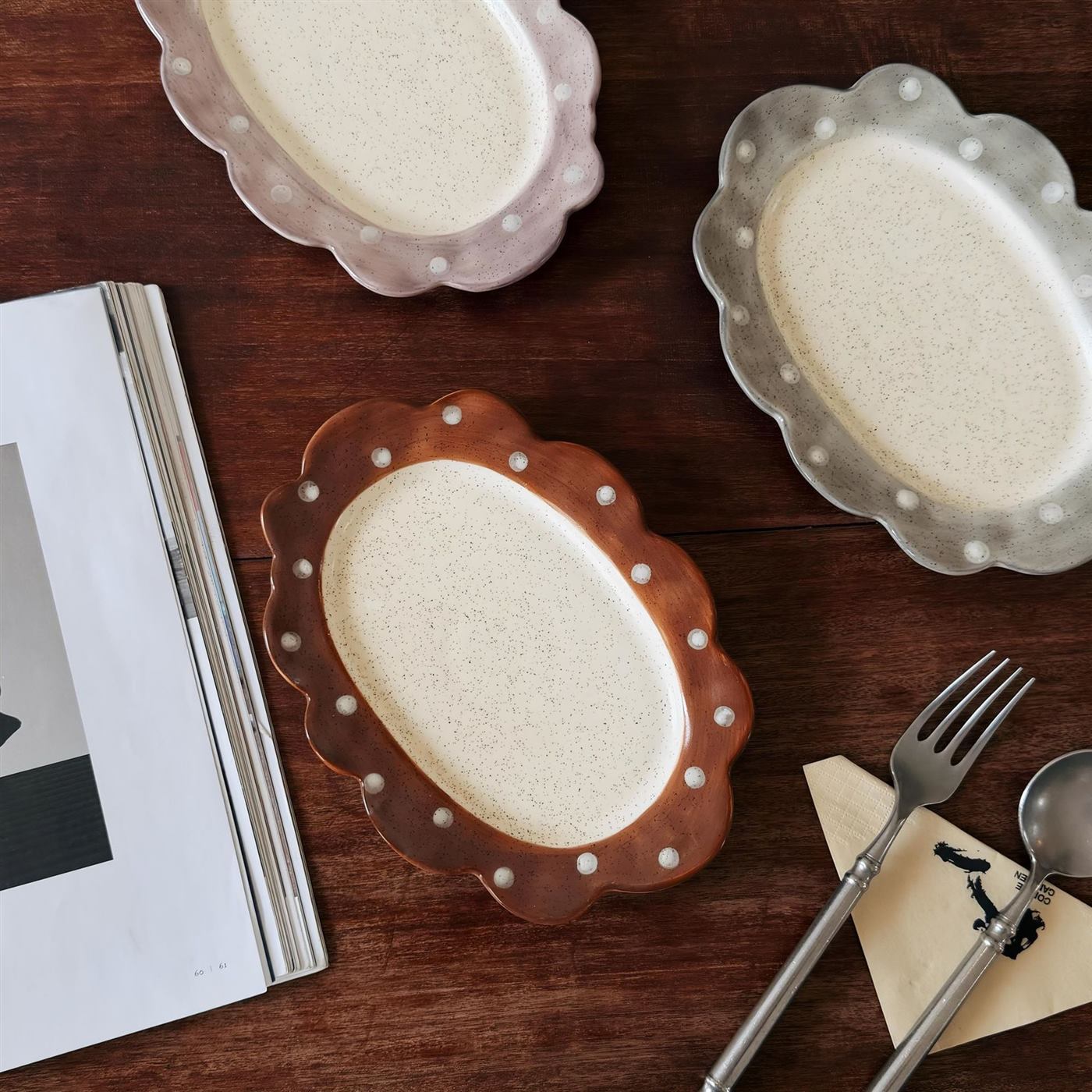 Brown gray and purple scalloped polka dot ceramic plates