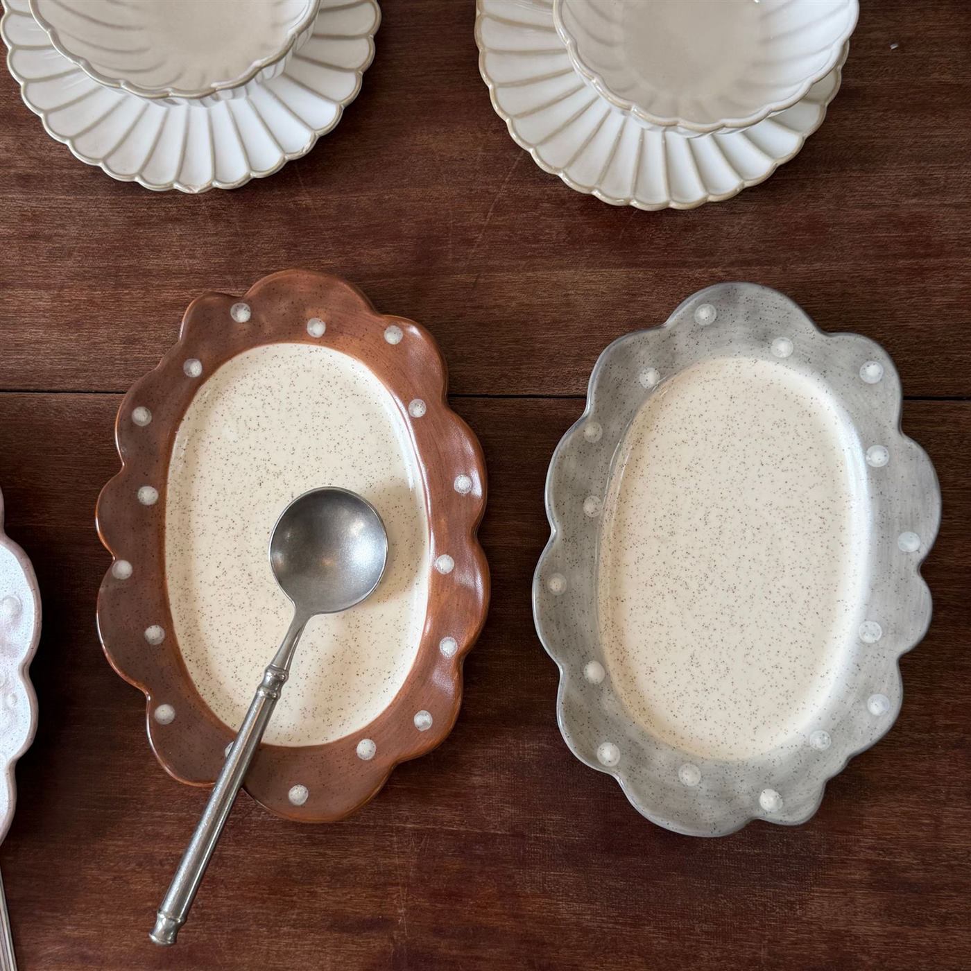 Brown and gray polka dot ceramic dessert plates