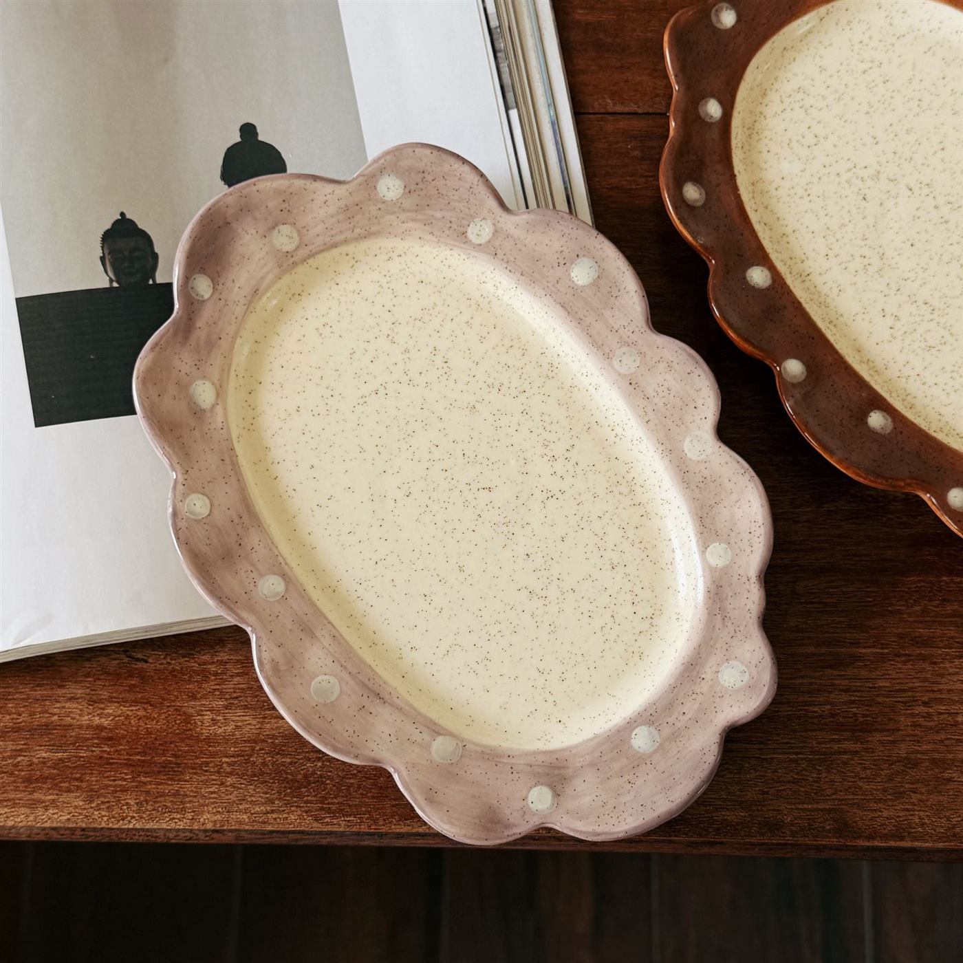 Purple hand-painted polka dot ceramic dessert plate