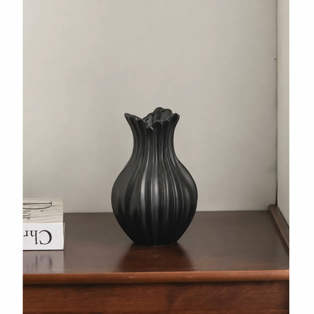 Black matte ribbed ceramic vase product view