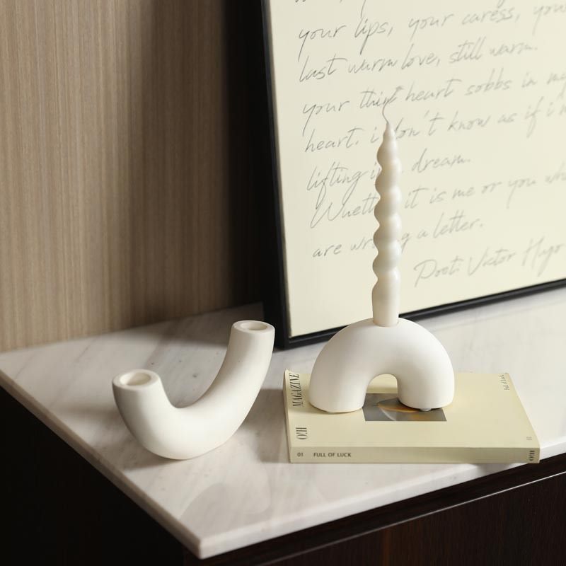 White arch and curved double arm porcelain candle holders