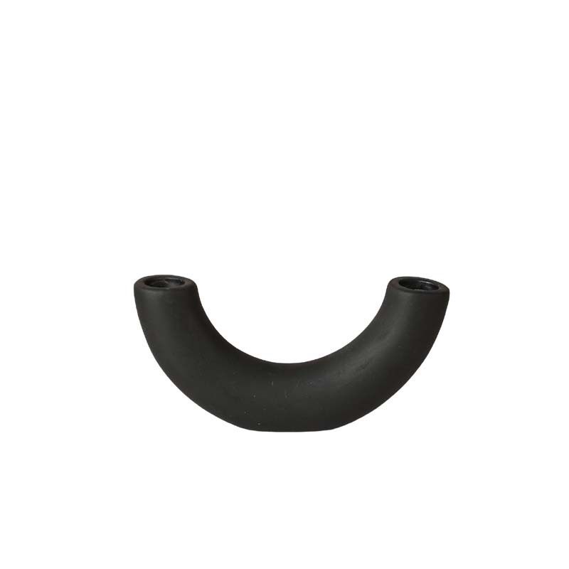 Black curved double arm porcelain candle holder on white